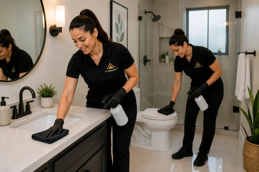 Wiping down a bathroom vanity with a black faucet and a round mirror