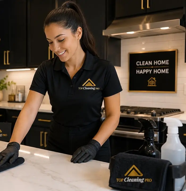 Wiping a white quartz counter in a black-cabinet kitchen