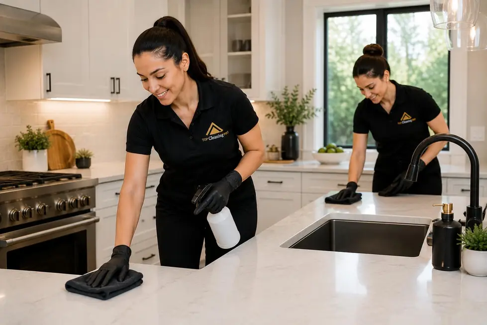 A cleaner in a black Top Cleaning Pro polo wiping a white kitchen counter beside the sink