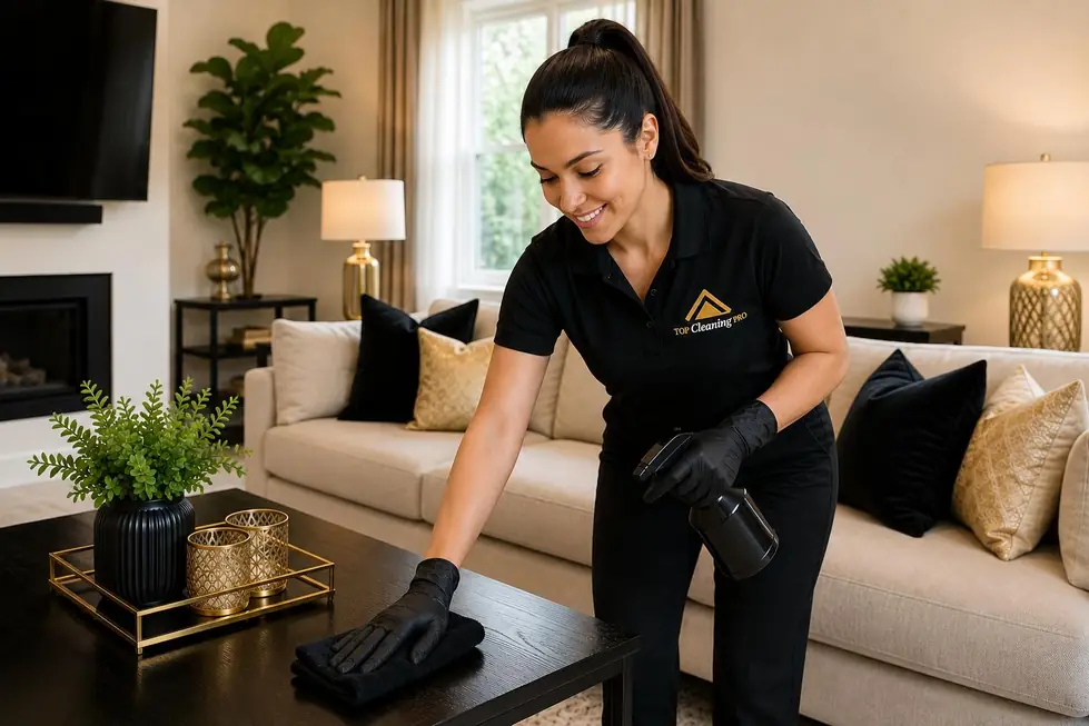 Dusting a black coffee table in a living room with a cream sofa