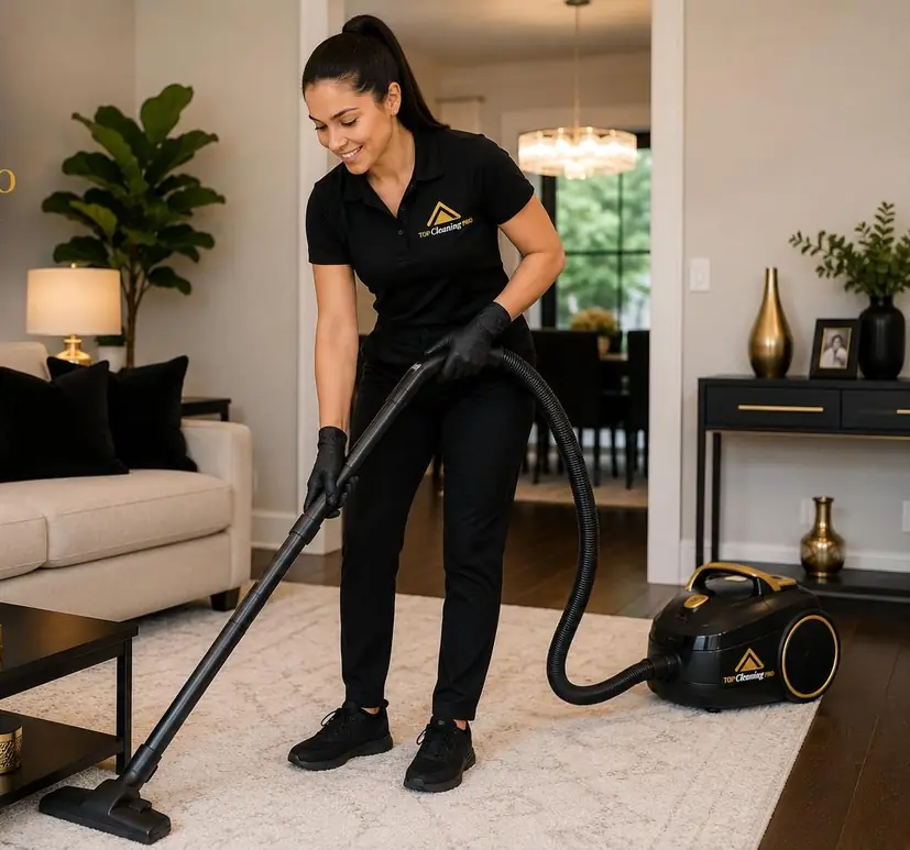 Vacuuming a cream rug in front of a sofa with gold and black cushions